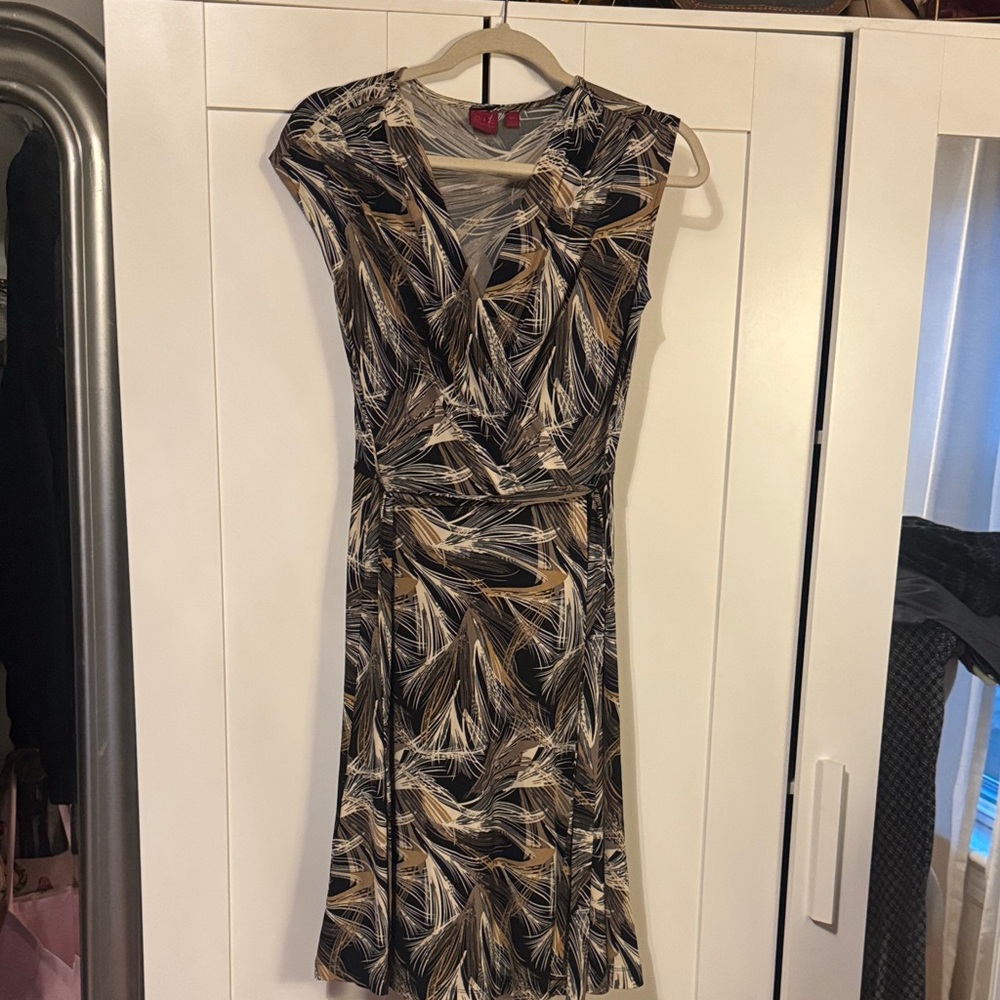 212 Collection Black and Tan Patterned Midi Wrap Dress